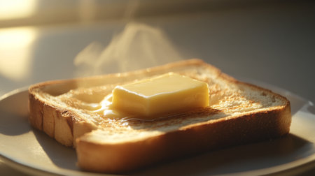 A close-up of a warm slice of toast topped with melting butter, creating a delightful breakfast scene. The steam adds to the comforting morning feel.の素材