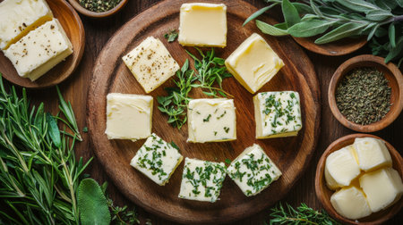 A rustic wooden board displays assorted herb-infused butter cubes, complemented by fresh herbs, showcasing vibrant colors and textures perfect for culinary creations.の素材
