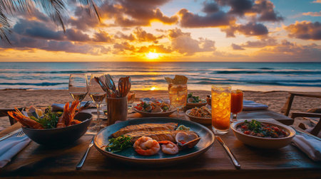 A picturesque dining setup on the beach at sunset, featuring a variety of seafood dishes, cocktails, and the serene ocean view, perfect for a romantic evening.の素材