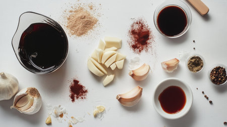 A vibrant display of raw ingredients including garlic, spices, and sauces arranged on a white table surface, ideal for culinary inspirations and food presentations.の素材