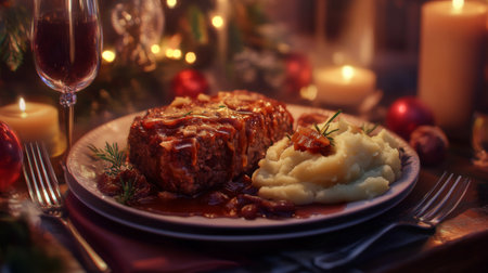 A cozy and festive dinner setting featuring a hearty meatloaf with rich gravy and creamy mashed potatoes, surrounded by warm candlelight and seasonal decorations.の素材