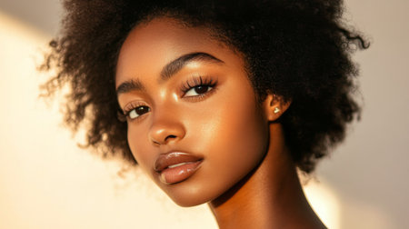 Stunning portrait of a young woman with beautiful afro hair, showcasing radiant skin and a natural glow, embodying elegance and youthful charm.の素材