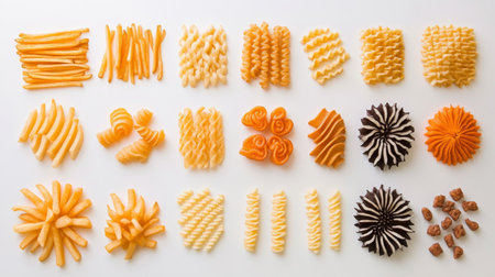 Explore an assortment of unique pasta shapes showcasing vibrant colors and textures, perfect for culinary creativity and decorative presentations in dishes.の素材