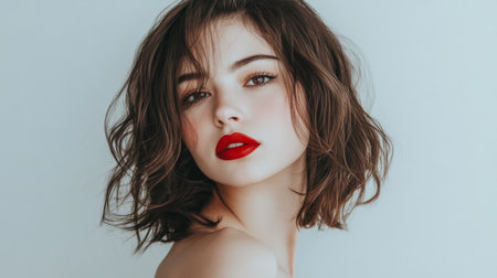A captivating portrait of a young woman showcasing stylish hair and bold red lipstick. The light background highlights her beauty and elegance.の素材