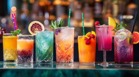 A stunning display of vibrant cocktails lined up on a bar counter, perfect for summer parties. Each drink is garnished beautifully, showcasing refreshing flavors and colors.の素材