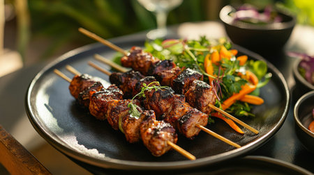 A mouthwatering platter featuring grilled skewers accompanied by fresh vegetables and a colorful salad, perfect for outdoor dining and gatherings.の素材