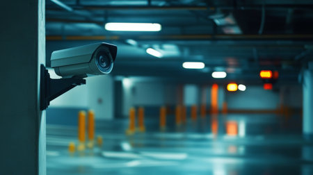 A security camera positioned in a modern parking garage, emphasizing surveillance and safety. The well-lit environment highlights the technology used for security monitoring.の素材