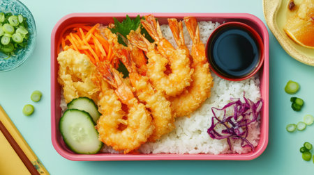 Enjoy a vibrant shrimp tempura bento box featuring crispy shrimp, fluffy rice, fresh vegetables, and a side of soy sauce, perfect for a delightful meal.の素材