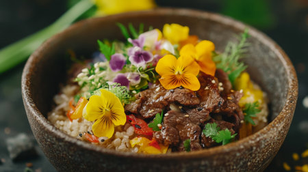 A beautifully plated beef dish featuring colorful edible flowers and fresh herbs atop a bed of rice, perfect for artistic food photography.の素材