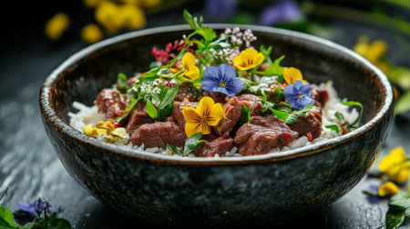 A stunning bowl of beef served over rice, beautifully garnished with vibrant edible flowers and fresh herbs, perfect for gourmet dining or culinary showcases.の素材