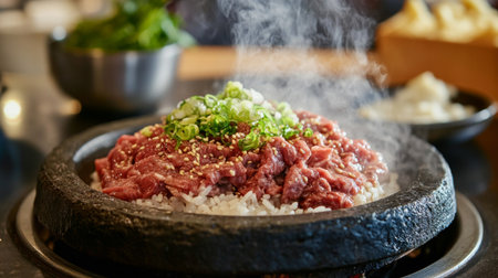 A steaming plate of savory beef served on hot stone with rice and fresh green onion garnish. Perfect for food enthusiasts and culinary presentations.の素材