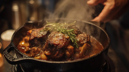 A delicious stew simmers in a cast iron pot, releasing aromatic steam. Fresh herbs add flavor, creating a cozy and inviting culinary atmosphere.の素材