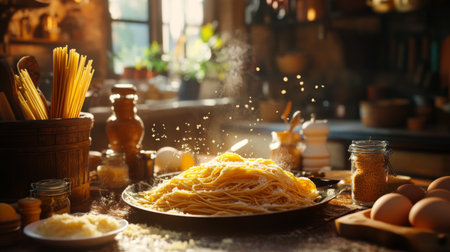 A plate of delicious pasta sits in a rustic kitchen, surrounded by fresh ingredients and cooking tools. The warm light creates an inviting atmosphere ideal for culinary creativity.の素材