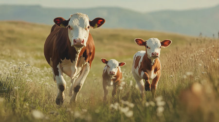 A serene scene of a cow and her two calves strolling through a sunlit meadow, capturing the beauty of rural life and nature's harmony in the countryside.の素材