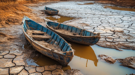 Abandoned boats rest on cracked earth under low water levels, showcasing the effects of drought. The rustic scene captures a serene yet haunting atmosphere.の素材