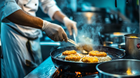 A chef expertly frying crispy food in a busy professional kitchen, showcasing culinary skills and the artistry of cooking with steam and oil.の素材
