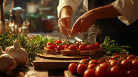 A chef skillfully prepares a gourmet dish, focusing on fresh tomatoes, herbs, and garlic. The vibrant colors and rustic setting highlight the artistry of cooking.の素材