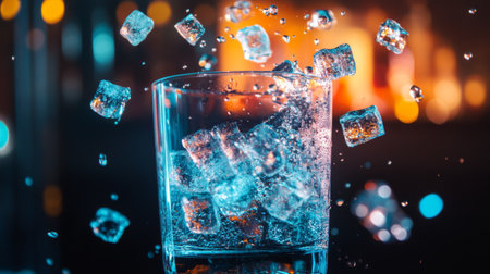 A dynamic scene of ice cubes splashing into a glass of water, creating a refreshing visual perfect for beverage-related themes. Ideal for bar and drink imagery.の素材