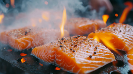 Fresh salmon fillets searing on a grill, infused with spices and kissed by flame. Perfect for culinary enthusiasts and healthy meals outdoor.の素材