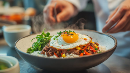 A vibrant bowl of steaming rice topped with a perfectly fried egg and fresh vegetables, showcasing exquisite culinary skills and presentation.の素材