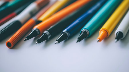 A vibrant collection of colorful writing instruments displayed on a clean surface. Perfect for creative projects, artistic endeavors, and office use.の素材
