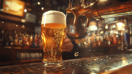 A close-up of a freshly poured beer with foam and bubbles in a bar setting, capturing the essence of relaxation and enjoyment in social gatherings.の素材