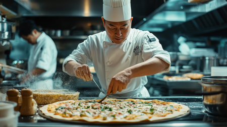 A skilled chef meticulously prepares a fresh pizza in a bustling restaurant kitchen, showcasing culinary expertise and attention to detail in a vibrant food scene.の素材