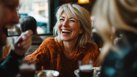 A joyful woman with a bright smile enjoys a meal surrounded by friends in a cozy cafe, capturing a moment of happiness and connection over food and laughter.の素材
