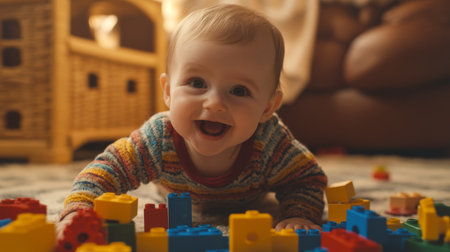 Adorable baby joyfully playing with colorful building blocks indoors, showcasing a moment of happiness and exploration in early childhood development.の素材