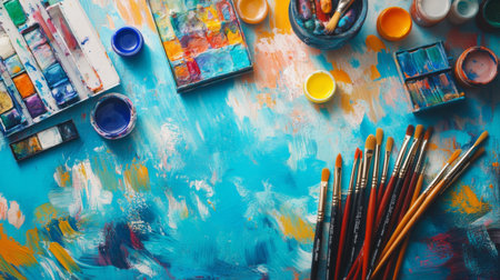 A vibrant artist workspace featuring brushes, palettes, and colorful paints scattered across a vivid blue surface, inspiring creativity and artistic expression.の素材