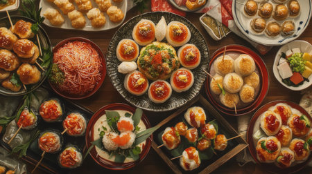 An enticing display of various sushi and Japanese dishes, showcasing vibrant colors and artistic presentation. Perfect for food lovers and culinary enthusiasts.の素材