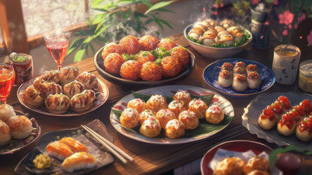 A vibrant spread of traditional Asian cuisine displayed on a wooden table, showcasing delicious flavors and beautiful presentation perfect for any gathering.の素材