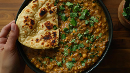 A vibrant bowl of lentil curry garnished with fresh cilantro, accompanied by a piece of warm naan bread. Perfect for a cozy meal or sharing with friends.の素材