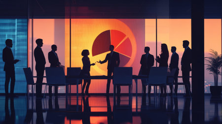 A silhouette of business professionals in a modern office setting during a meeting. The backdrop features a large presentation chart, symbolizing strategy and collaboration.の素材