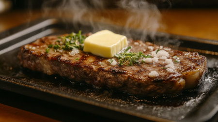 A succulent grilled steak topped with melting butter and herbs, served on a sizzling hot plate. Perfect for gourmet meals or special occasions.の素材