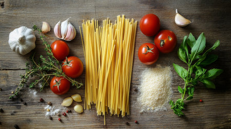 A beautiful arrangement of fresh ingredients including pasta, tomatoes, garlic, and herbs, ideal for preparing a delicious Italian meal.の素材