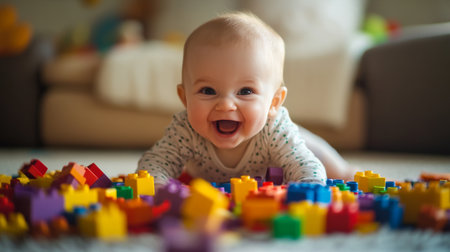 A joyful baby crawls through a sea of colorful building blocks, embodying happiness and exploration in a playful indoor setting. Perfect for childhood themes.の素材