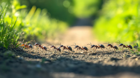 A detailed view of ants marching along a dirt path, highlighting their teamwork and natural behavior amidst a vibrant green backdrop, showcasing nature's beauty.の素材