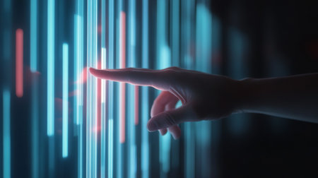 A close-up view of a hand reaching toward a vibrant digital interface, featuring glowing blue and red lines. This image represents modern technology and interactive digital experiences.の素材