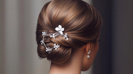 Discover an elegant hair updo featuring delicate floral accessories. Perfect for weddings or special occasions, this hairstyle showcases beauty and sophistication.の素材