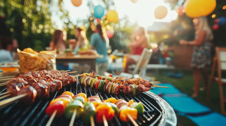 Enjoy a vibrant summer barbecue scene featuring colorful skewers grilling over an open flame, surrounded by joyful friends and festive decorations.の素材