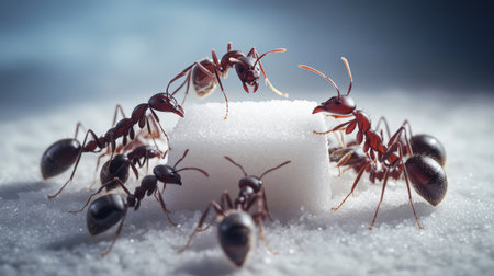 A close-up view of ants gathering around a sugar cube, showcasing their teamwork and social behavior as they explore and forage for food in a natural setting.の素材