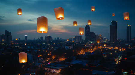 Captivating view of floating lanterns illuminating an urban skyline at dusk, creating a magical atmosphere filled with celebration and tranquility.の素材