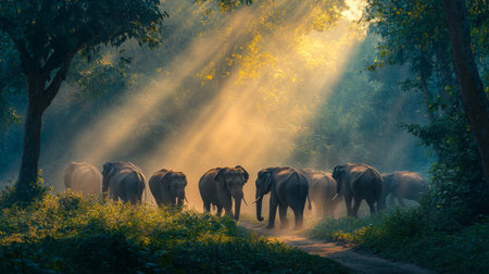 A serene scene of elephants wandering along a sunlit forest pathway, surrounded by soft rays illuminating the misty atmosphere, showcasing nature's beauty.の素材