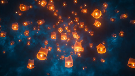 A breathtaking view of numerous floating lanterns illuminating a dark sky, creating a magical and serene atmosphere full of hope and celebration.の素材