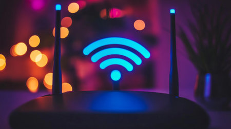 A vibrant photo of a glowing Wi-Fi router with blue signal indicators against a dark, bokeh background, symbolizing modern connectivity and technology.の素材