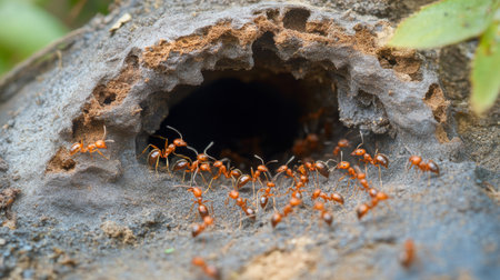 A group of ants emerges from their nest, showcasing their bustling activity and teamwork in a natural environment. Ideal for ecological and wildlife themes.の素材