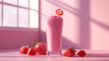 A bright and refreshing strawberry smoothie served in a clear glass, garnished with a fresh strawberry. Ideal for summer, health, and wellness themes.の素材