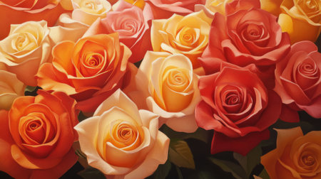 A stunning display of vibrant roses featuring a blend of orange, red, and yellow hues, perfect for celebrating beauty and nature in any setting.の素材