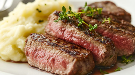 Indulge in a mouthwatering plate of grilled steak paired with creamy mashed potatoes. Perfect for dinner, this dish showcases rich flavors and gourmet presentation.の素材
